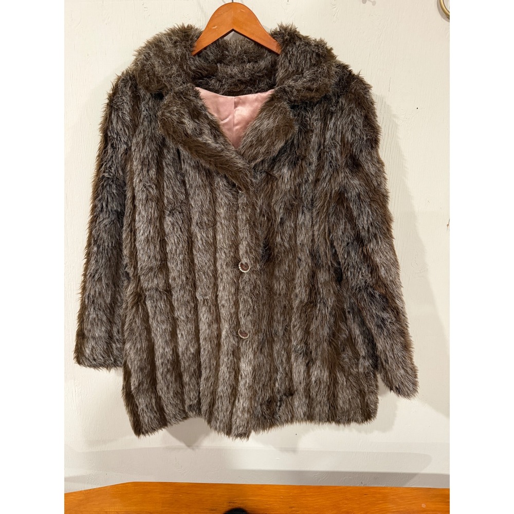 Vintage Faux Fur Coat Brown Pink Satin Lining Mid-Length Notched Lapel Jacket